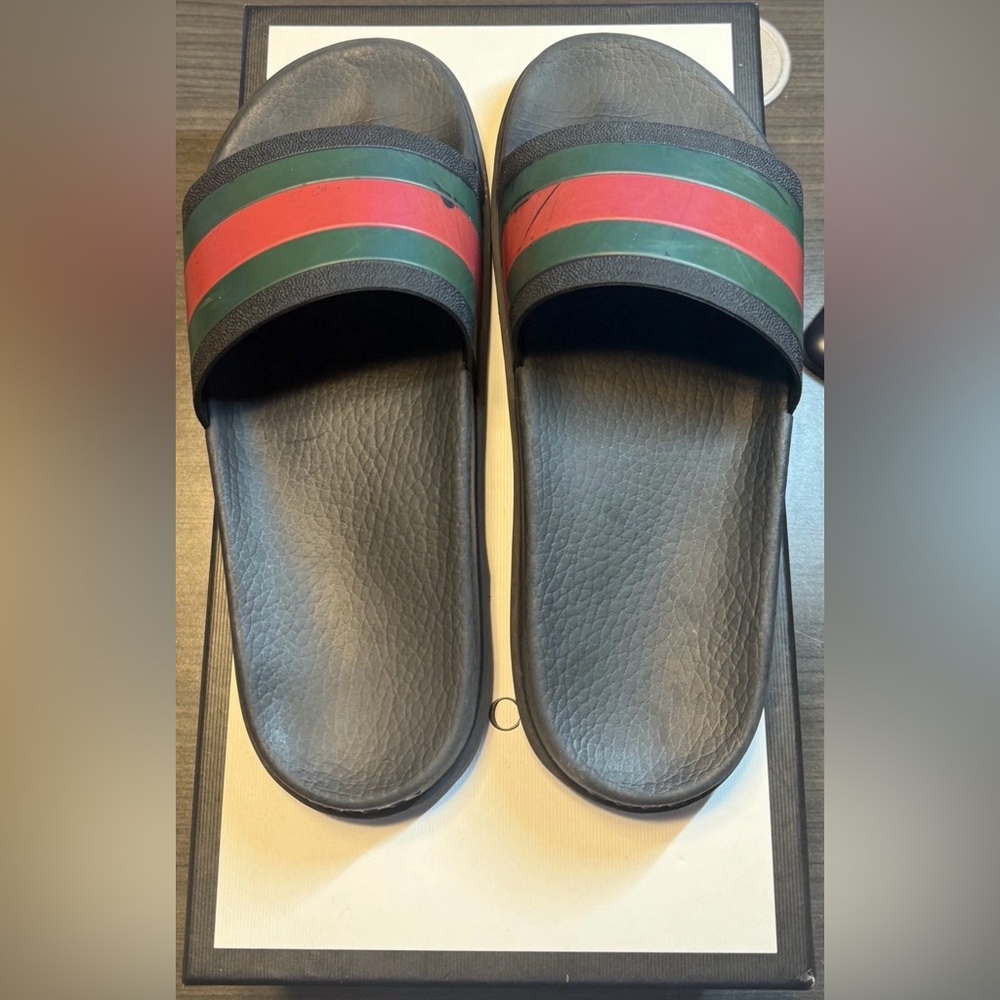 GUCCI Black Trek Rubber Pool Slides Web Stripe Womens 10 (mens 8) + Box